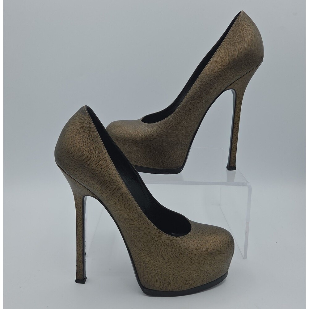 YSL Yves Saint Laurent Tribtoo Leather Pumps Heels Metallic Bronze Sz 7.5 / 37.5